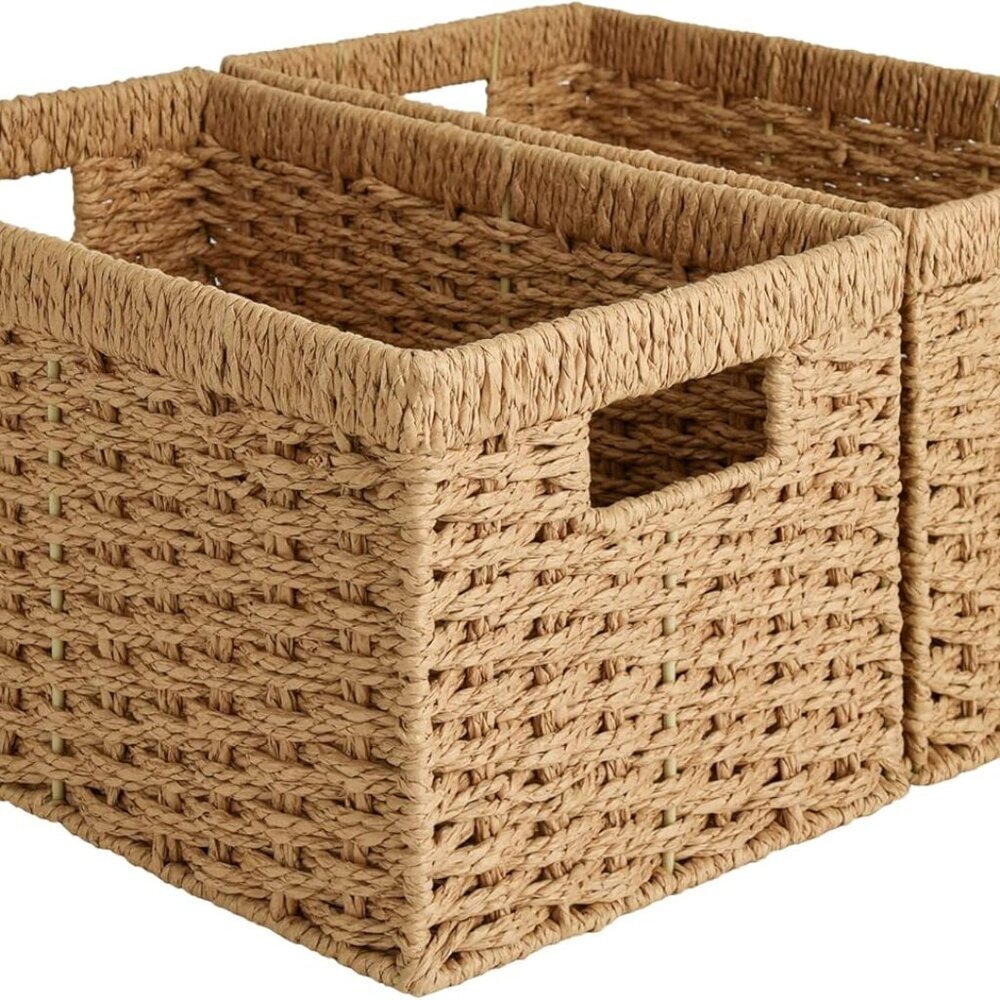 Round Paper Rope Storage Baskets, Rectangular Wicker Baskets with Built-in Handl